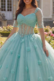 Light Green Ball Gown Half Sleeve Corset 3D Flower Quinceanera Dress