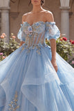 Off The Shoulder Floral Sky Blue Ball Gown Corset Quinceanera Dress