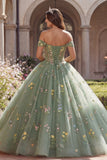 Off The Shoulder Green Corset Ball Gown Floral Quinceanera Dress