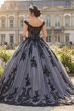 Off The Shoulder Black Ball Gown Appliqued Quinceanera Dress