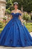 Sparkly Royal Blue Off The Shoulder Appliqued Ball Gown Quinceanera Dress