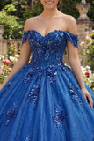 Sparkly Royal Blue Off The Shoulder Appliqued Ball Gown Quinceanera Dress