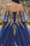 Off The Shoulder Navy Appliqued Long Sleeve Ball Gown Quinceanera Dress