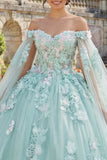 Off The Shoulder Green Appliqued Ball Gown Quinceanera Dress with Cape Sleeves