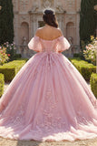 Pink Off the Shoulder Appliqued Ball Gown Quinceanera Dress with Puff Sleeves