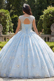 Sky Blue Beaded Ball Gown Illusion Neck Quinceanera Dress