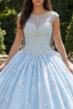 Sky Blue Beaded Ball Gown Illusion Neck Quinceanera Dress