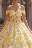 Ball Gown Yellow Off the Shoulder Corset Appliqued Quinceanera Dress