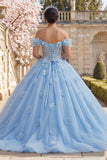 Ball Gown Off the Shoulder Blue Pearls Corset Quinceanera Dress with 3D Flowers