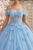 Ball Gown Off the Shoulder Blue Pearls Corset Quinceanera Dress with 3D Flowers
