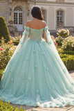 Light Green Beaded Ball Gown Off the Shoulder Corset 3D Flower Quinceanera Dress with Cape Sleeves