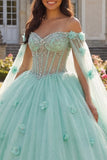 Light Green Beaded Ball Gown Off the Shoulder Corset 3D Flower Quinceanera Dress with Cape Sleeves