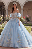 Sky Blue Ball Gown Off the Shoulder Appliqued Corset Quinceanera Dress with Puff Sleeves