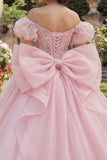 Ball Gown Pink Beaded Corset Off the Shoulder Quinceanera Dress with Large Bow