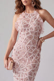Sparkly Blush Bodycon Ruffled Beaded Midi Halter Cocktail Dress with Fringes