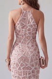 Sparkly Blush Bodycon Ruffled Beaded Midi Halter Cocktail Dress with Fringes