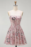 Sparkly Blush Beaded Sequin Floral Short Formal Dress