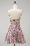 Sparkly Blush Beaded Sequin Floral Short Formal Dress