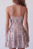 Sparkly Blush Beaded Sequin Floral Short Cocktail Dress