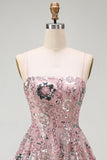 Sparkly Blush Beaded Sequin Floral Short Formal Dress