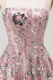 Sparkly Blush Beaded Sequin Floral Short Formal Dress