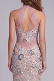 Sparkly Blush Beaded Halter Sheath Maxi Floral Cocktail Dress with Lace