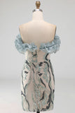Sparkly Dusty Blue Strapless Beaded Tight Short Cocktail Dress with Ruffles