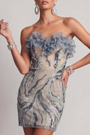 Sparkly Dusty Blue Strapless Beaded Tight Short Cocktail Dress with Ruffles