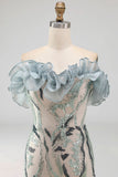 Sparkly Dusty Blue Strapless Beaded Tight Short Cocktail Dress with Ruffles