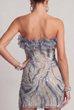 Sparkly Dusty Blue Strapless Beaded Tight Short Cocktail Dress with Ruffles