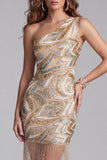 Sparkly Champagne One Shoulder Beaded Tight Short Cocktail Dress with Fringes