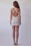 Sparkly Silver Floral Halter Beaded Open Back Tight Short Cocktail Dress
