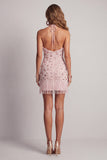 Sparkly Blush Tight Short Ruffled Beaded Halter Cocktail Dress with Fringes
