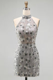 Sparkly Silver Open Back High Neck Beaded Tight Short Cocktail Dress
