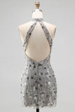 Sparkly Silver Open Back High Neck Beaded Tight Short Cocktail Dress