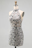 Sparkly Silver Open Back High Neck Beaded Tight Short Cocktail Dress