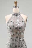 Sparkly Silver Open Back High Neck Beaded Tight Short Cocktail Dress