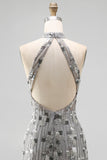 Sparkly Silver Open Back High Neck Beaded Tight Short Cocktail Dress