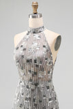 Sparkly Silver Open Back High Neck Beaded Tight Short Cocktail Dress