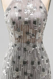 Sparkly Silver Open Back High Neck Beaded Tight Short Cocktail Dress