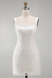 Sparkly White Square Neck Beaded Floral Tight Short Formal Dress