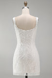 Sparkly White Square Neck Beaded Floral Tight Short Formal Dress