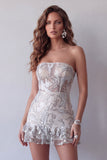 Sparkly Dusty Sage Strapless Beaded Tight Short Cocktail Dress with Ruffles
