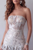 Sparkly Dusty Sage Strapless Beaded Tight Short Cocktail Dress with Ruffles