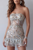 Sparkly Dusty Sage Strapless Beaded Tight Short Cocktail Dress with Ruffles