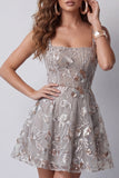 Sparkly Grey Square Neck A Line Floral Beaded Short Cocktail Dress