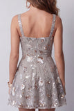 Sparkly Grey Square Neck A Line Floral Beaded Short Cocktail Dress