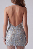Sparkly Grey Blue Halter Beaded Backless Tight Short Cocktail Dress with Fringes