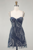 Sparkly Navy Beaded Tight Spaghetti Straps Short Formal Dress