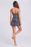 Sparkly Navy Thick Straps Beaded Short Cocktail Dress